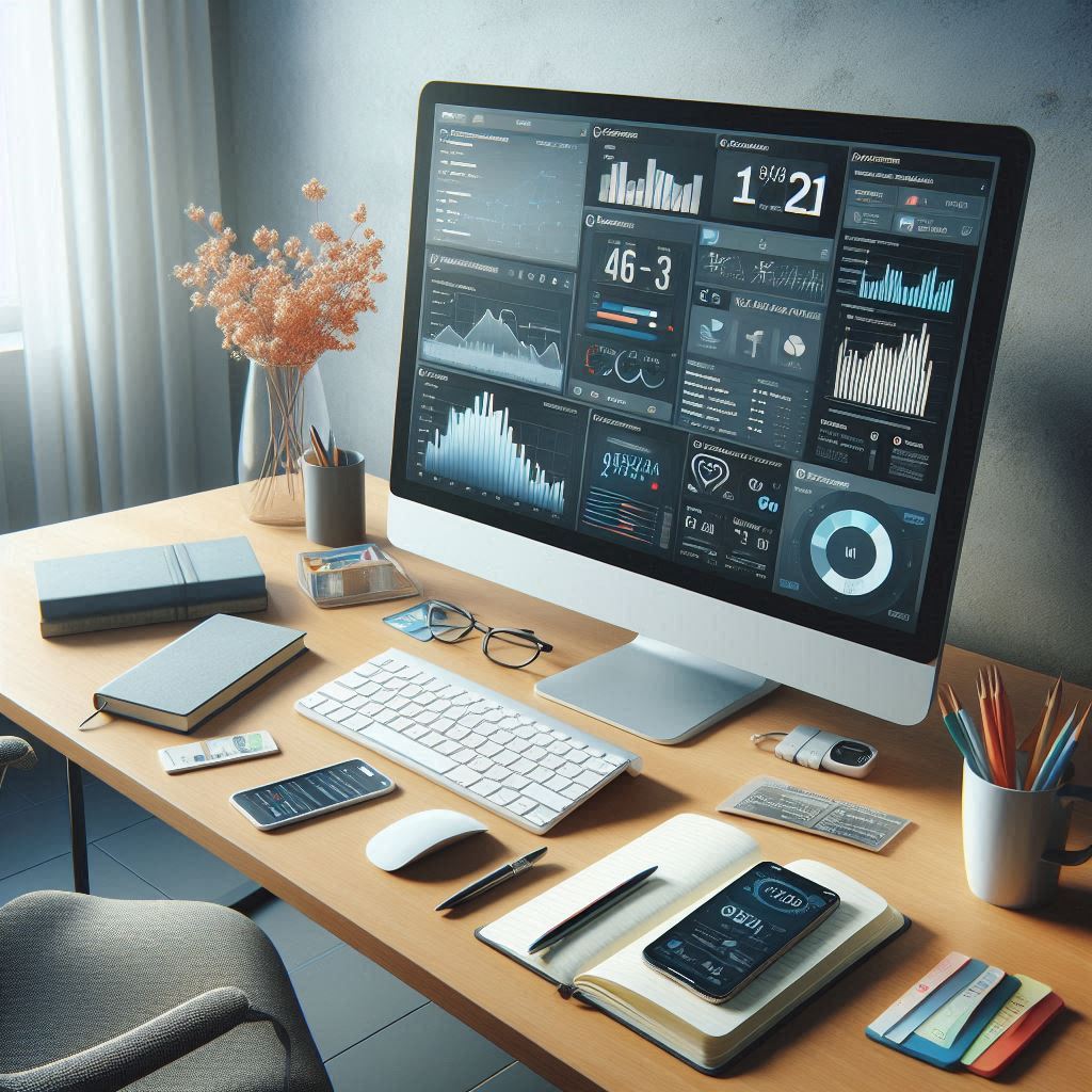 On the monitor, there's a social media management dashboard displaying analytics, scheduling tools, and various social media platforms